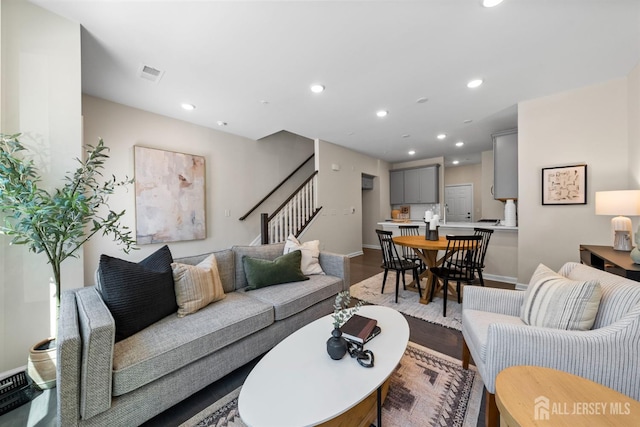 1305 Parker Blvd, West Windsor, NJ 08550 - living room with stairway, dark wood-type flooring, baseboards, and recessed lighting