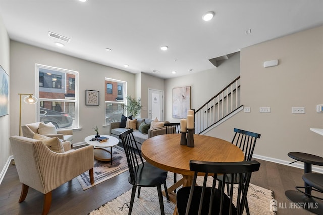 1305 Parker Blvd, West Windsor, NJ 08550 - dining area featuring baseboards, dark wood-style floors, recessed lighting, and stairs