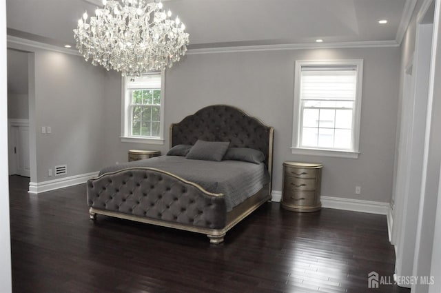 260 Church Ln, North Brunswick, NJ 08902 - bedroom featuring a chandelier, wood finished floors, baseboards, crown molding, and recessed lighting