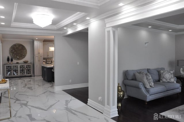 260 Church Ln, North Brunswick, NJ 08902 - living area with ornate columns, light marble finish floors, recessed lighting, and ornamental molding