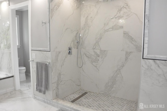 260 Church Ln, North Brunswick, NJ 08902 - bathroom with a marble finish shower, marble tiled floors, toilet, and vanity