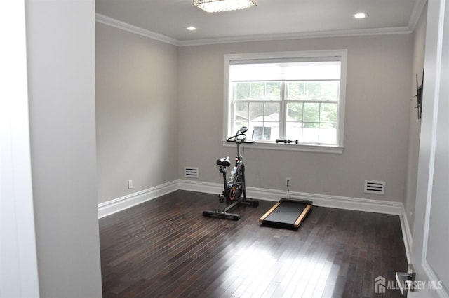 260 Church Ln, North Brunswick, NJ 08902 - exercise room featuring dark wood-type flooring, baseboards, crown molding, and recessed lighting