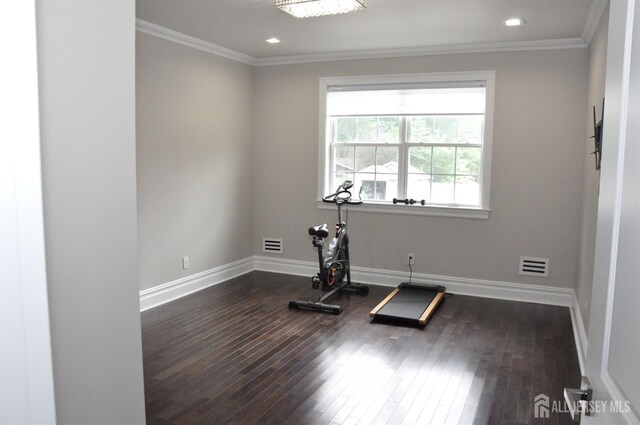 260 Church Ln, North Brunswick, NJ 08902 - workout area featuring dark wood-style flooring, crown molding, and recessed lighting