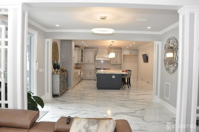 260 Church Ln, North Brunswick, NJ 08902 - living room with baseboards, light marble finish flooring, recessed lighting, and ornamental molding