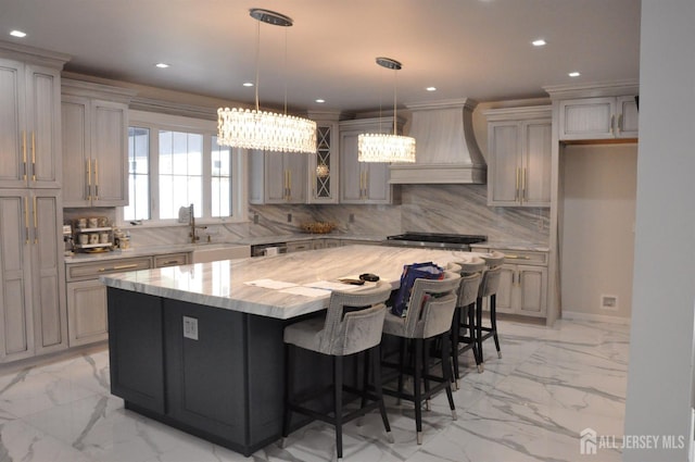 260 Church Ln, North Brunswick, NJ 08902 - kitchen with custom range hood, light marble finish flooring, a kitchen island, recessed lighting, and backsplash
