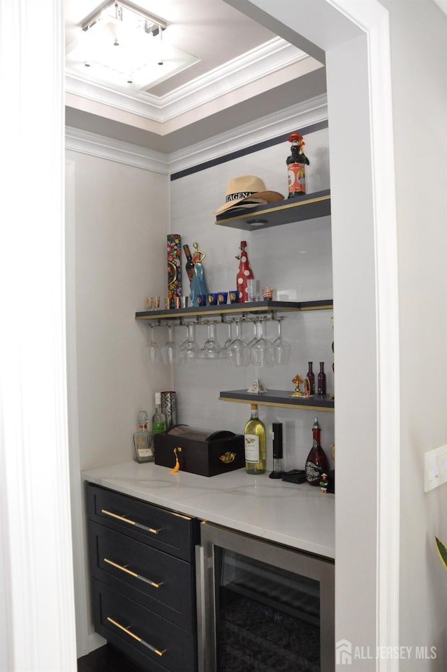 260 Church Ln, North Brunswick, NJ 08902 - indoor dry bar featuring wine cooler and ornamental molding