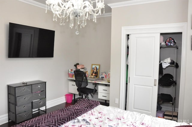 260 Church Ln, North Brunswick, NJ 08902 - bedroom featuring a chandelier, crown molding, baseboards, a closet, and an office area