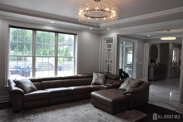 260 Church Ln, North Brunswick, NJ 08902 - living area featuring a chandelier, plenty of natural light, a tray ceiling, crown molding, and recessed lighting