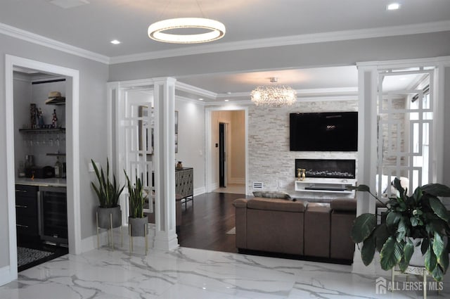 260 Church Ln, North Brunswick, NJ 08902 - living room featuring wine cooler, a chandelier, baseboards, recessed lighting, and a fireplace