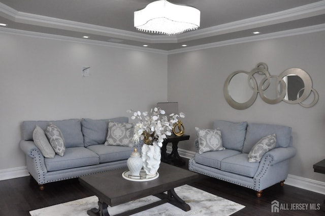 260 Church Ln, North Brunswick, NJ 08902 - living area with a tray ceiling, wood finished floors, baseboards, ornamental molding, and recessed lighting