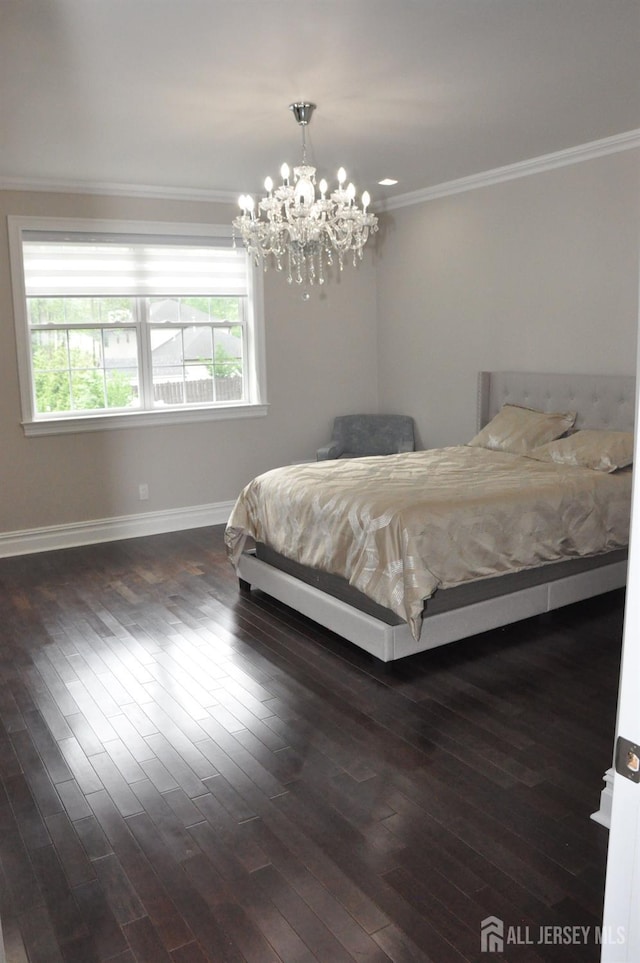 260 Church Ln, North Brunswick, NJ 08902 - bedroom with ornamental molding, baseboards, dark wood finished floors, and a chandelier