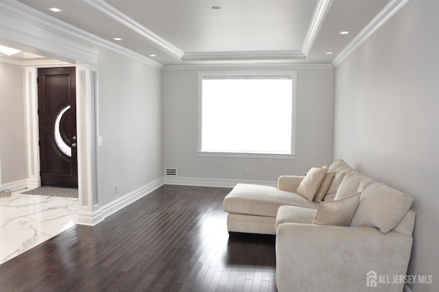 260 Church Ln, North Brunswick, NJ 08902 - sitting room featuring a raised ceiling, baseboards, dark wood-style flooring, and recessed lighting