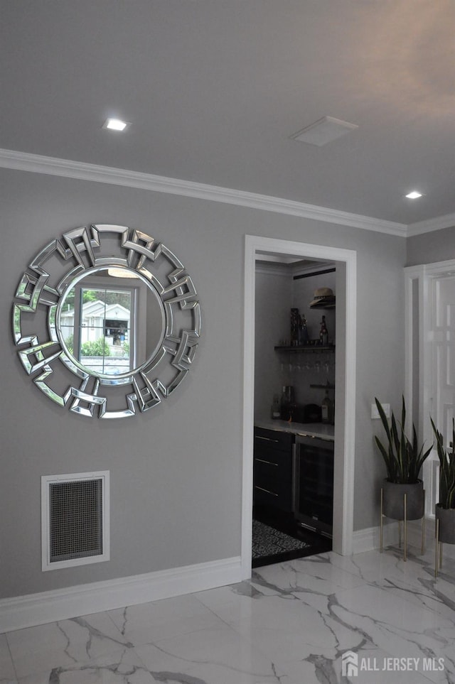 260 Church Ln, North Brunswick, NJ 08902 - detailed view of baseboards, wine cooler, recessed lighting, ornamental molding, and bar area