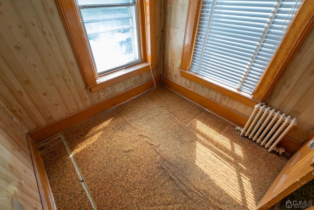 details with carpet flooring, radiator, and wood walls