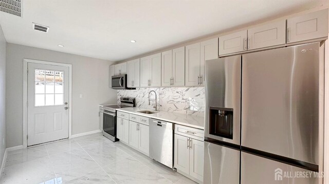 kitchen with sink, backsplash, stainless steel appliances, and white cabinets