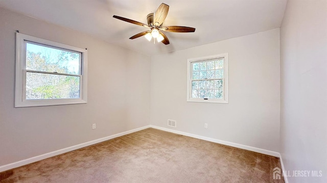 spare room with a wealth of natural light, ceiling fan, and carpet