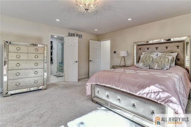 bedroom featuring light carpet, baseboards, visible vents, and recessed lighting