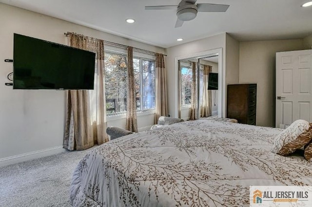 bedroom with carpet floors, ceiling fan, baseboards, and recessed lighting