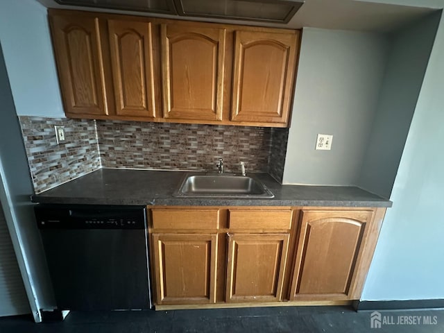 kitchen featuring dark countertops, dishwashing machine, backsplash, and a sink