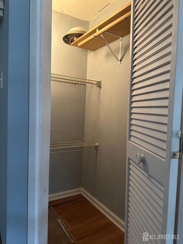 walk in closet with dark hardwood / wood-style floors