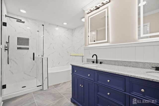77 Winthrop Rd Unit C, Monroe Township, NJ 08331 - bathroom with double vanity, a marble finish shower, a sink, and a garden tub