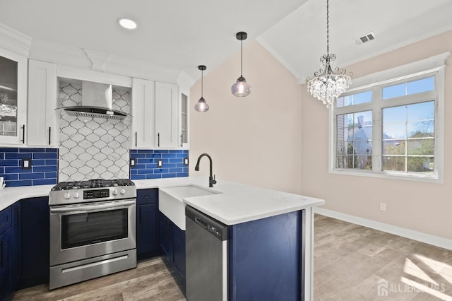 77 Winthrop Rd Unit C, Monroe Township, NJ 08331 - kitchen with visible vents, a sink, a peninsula, stainless steel appliances, and wall chimney exhaust hood