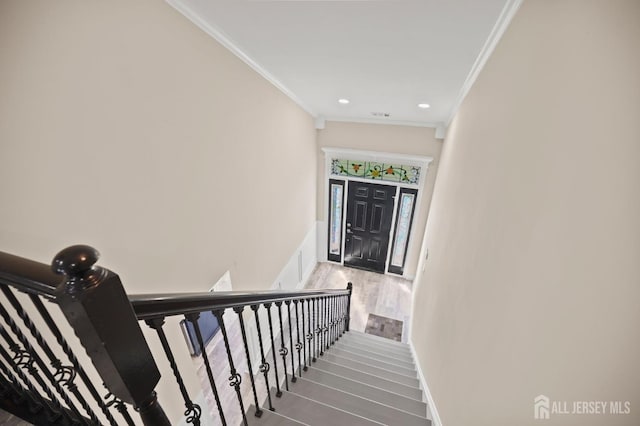 77 Winthrop Rd Unit C, Monroe Township, NJ 08331 - stairway with crown molding, recessed lighting, baseboards, and wood finished floors