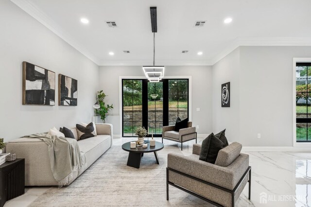 living room featuring french doors and ornamental molding