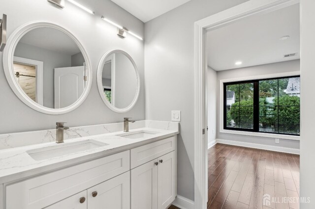 bathroom with wood-type flooring and vanity