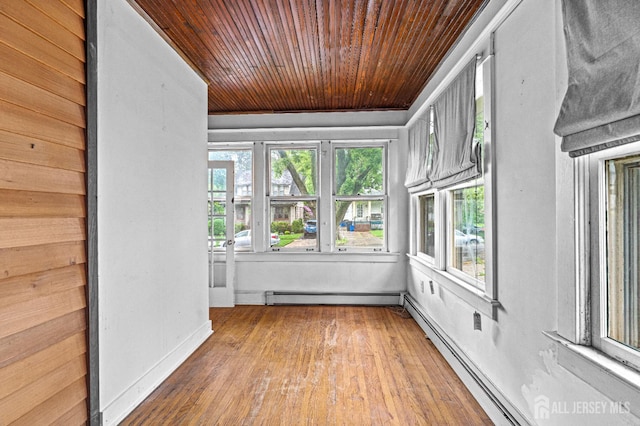 110 N 5th Ave N, Highland Park, NJ 08904 - unfurnished sunroom with wood ceiling, a baseboard heating unit, wood finished floors, baseboards, and a baseboard radiator