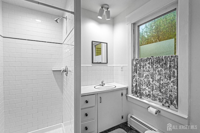 110 N 5th Ave N, Highland Park, NJ 08904 - full bathroom with vanity, tiled shower, a wainscoted wall, tile walls, and toilet
