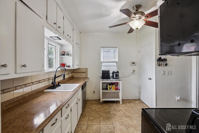 263 Bordentown Ave, South Amboy, NJ 08879 - kitchen featuring a ceiling fan, backsplash, white cabinets, black / electric stove, and stainless steel dishwasher