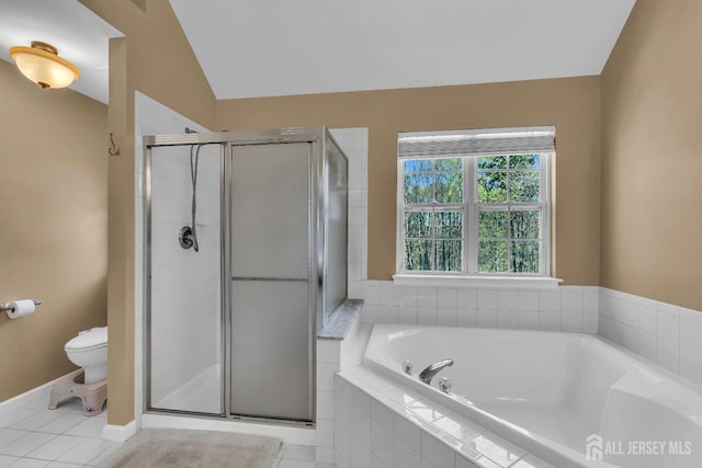4 Angelina Ct, Monroe, NJ 08831 - full bath with a shower stall, toilet, a garden tub, tile patterned floors, and vaulted ceiling