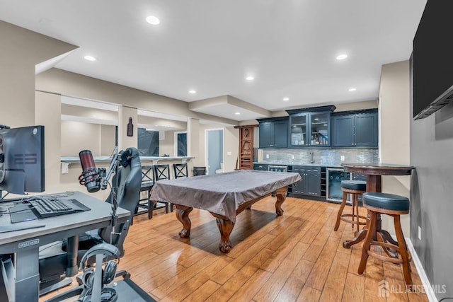 4 Angelina Ct, Monroe, NJ 08831 - rec room featuring wet bar, billiards, light wood-style flooring, wine cooler, and recessed lighting