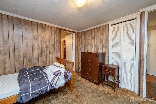 45 Lake Ave, Helmetta, NJ 08828 - carpeted bedroom with wood walls, a closet, and crown molding
