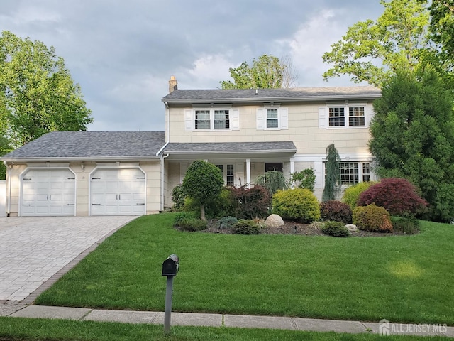 18 Timber Rd, East Brunswick, NJ 08816 - view of front facade featuring a garage, a front yard, a chimney, and decorative driveway