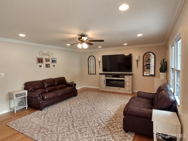 18 Timber Rd, East Brunswick, NJ 08816 - living area with a ceiling fan, recessed lighting, baseboards, ornamental molding, and wood finished floors