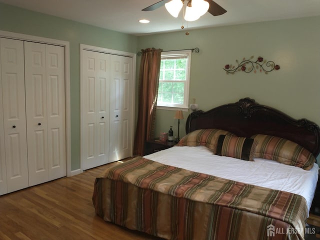 18 Timber Rd, East Brunswick, NJ 08816 - bedroom with wood finished floors, multiple closets, a ceiling fan, and recessed lighting