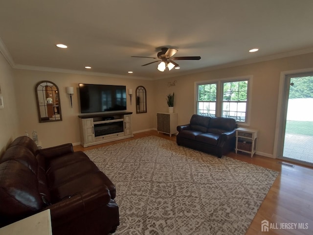 18 Timber Rd, East Brunswick, NJ 08816 - living area with healthy amount of natural light, a ceiling fan, wood finished floors, crown molding, and baseboards