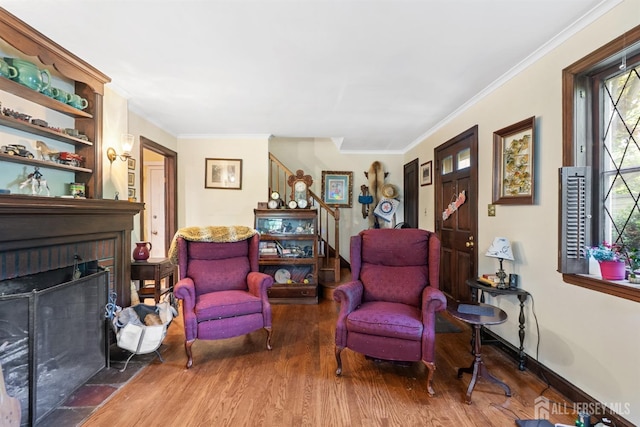 22 S Drive E, Brunswick, NJ 08816 - living area with wood finished floors, stairway, ornamental molding, a fireplace, and baseboards