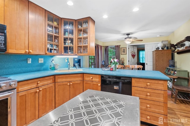 22 S Drive E, Brunswick, NJ 08816 - kitchen featuring black appliances, a peninsula, a sink, light wood finished floors, and ceiling fan