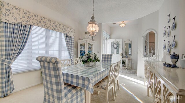 dining room with a textured ceiling and light carpet