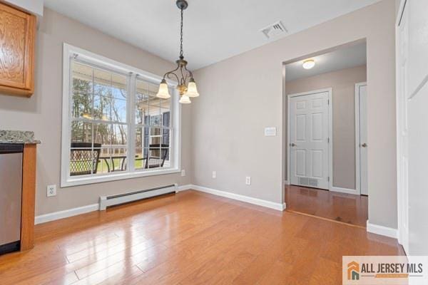 unfurnished dining area featuring an inviting chandelier, hardwood / wood-style floors, a baseboard radiator, and plenty of natural light