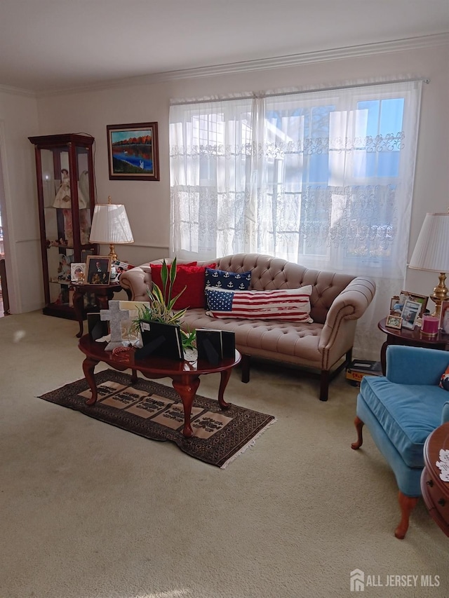 carpeted living room with ornamental molding