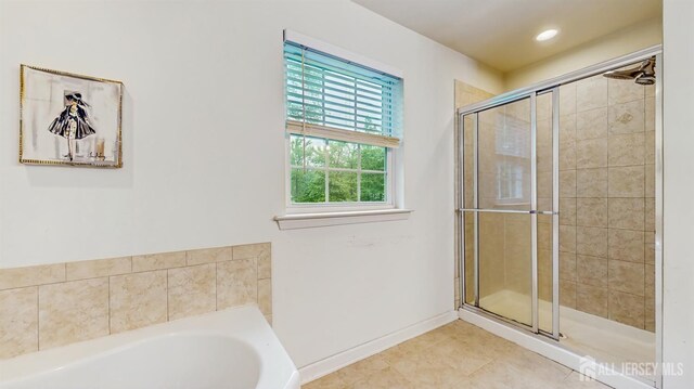 612 Magnolia Rd, North Brunswick, NJ 08902 - full bath with a shower stall, a bath, tile patterned floors, baseboards, and recessed lighting