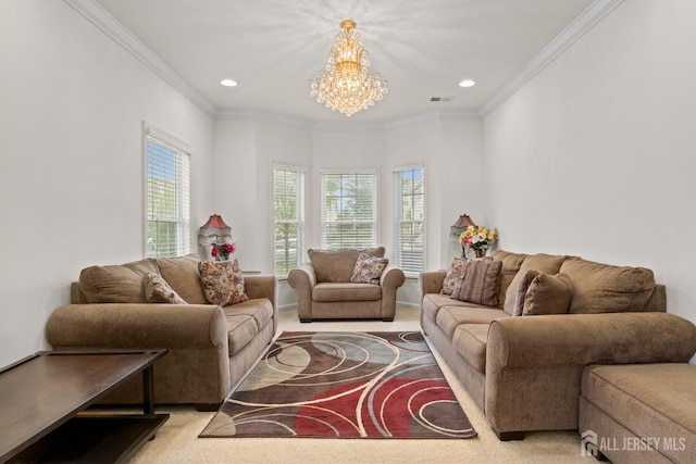 carpeted living area with a chandelier, ornamental molding, and recessed lighting