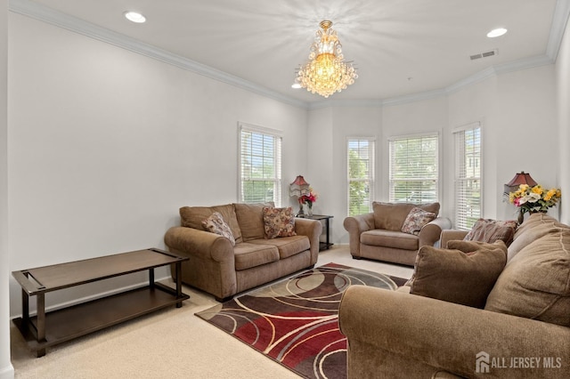 living area featuring carpet flooring, a chandelier, recessed lighting, and crown molding