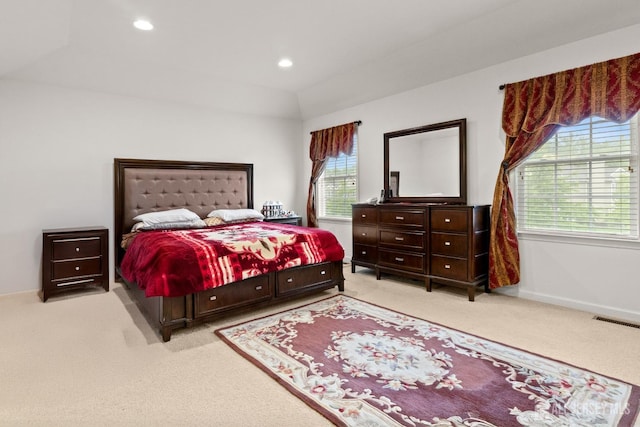 bedroom with carpet flooring, recessed lighting, and baseboards