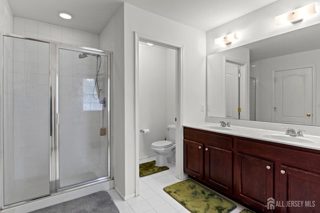 full bath featuring a stall shower, tile patterned flooring, double vanity, toilet, and baseboards