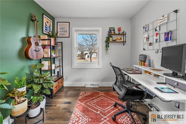 office area with visible vents and wood finished floors